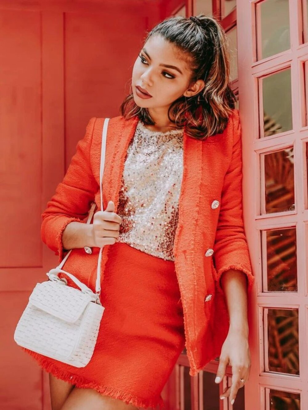 Zara Orange Tweed Blazer. SZ XS